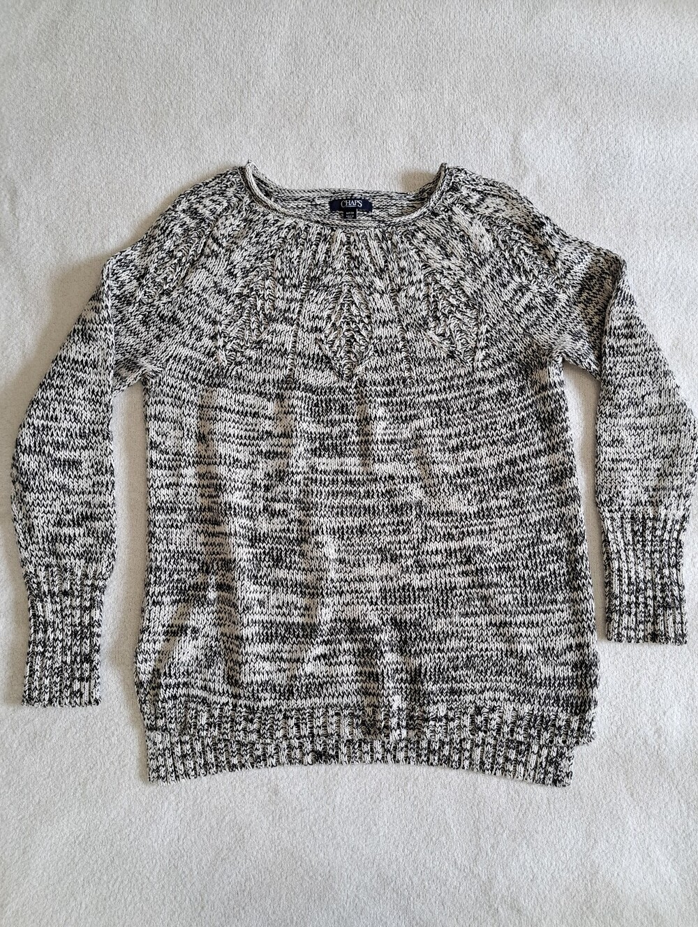 Chaps Leaf Stitch Boatneck Sweater Womens Size Small Cream Black Marled Knit